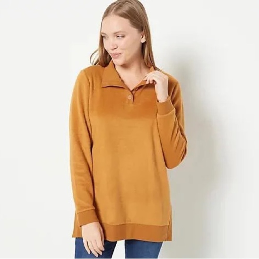 New Anybody Fleeced French Terry Pullover with Buttons in Spiced Ginger - xs​​